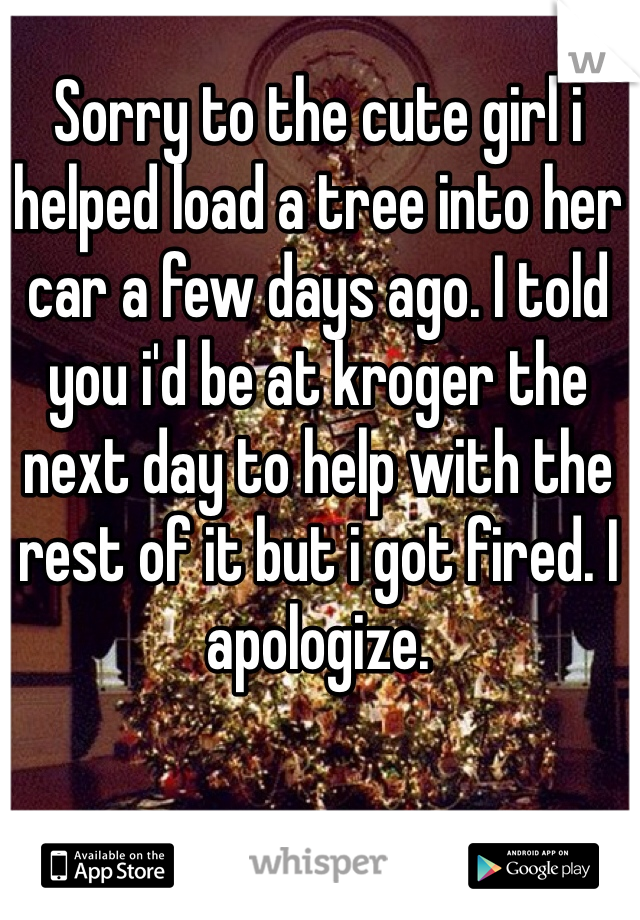 Sorry to the cute girl i helped load a tree into her car a few days ago. I told you i'd be at kroger the next day to help with the rest of it but i got fired. I apologize.