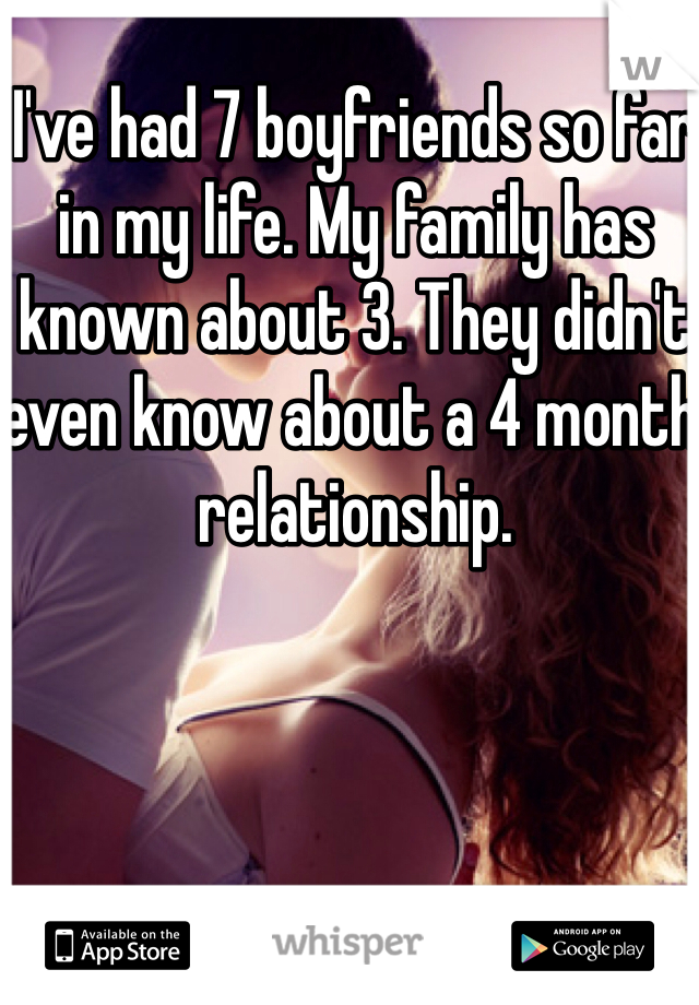 I've had 7 boyfriends so far in my life. My family has known about 3. They didn't even know about a 4 month relationship. 