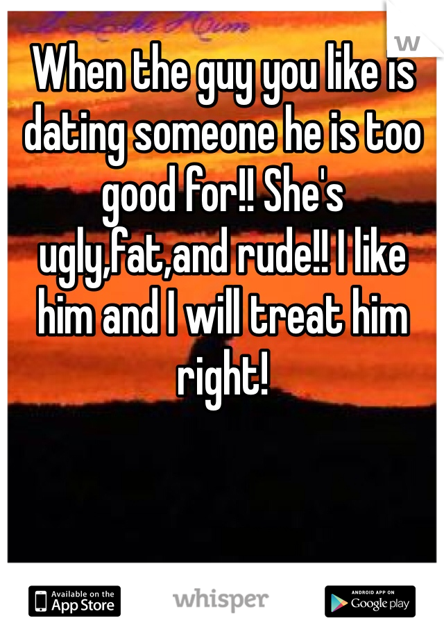 When the guy you like is dating someone he is too good for!! She's ugly,fat,and rude!! I like him and I will treat him right!