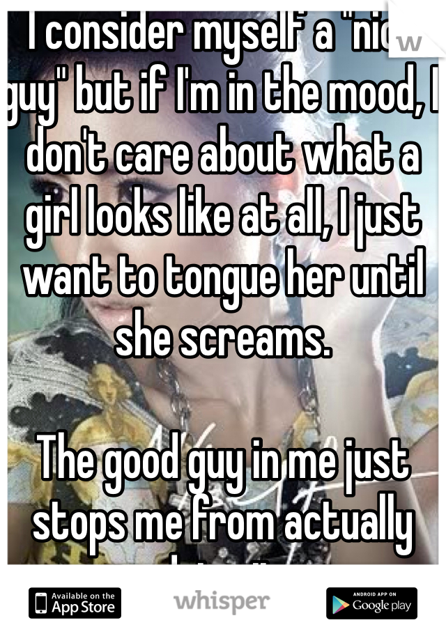 I consider myself a "nice guy" but if I'm in the mood, I don't care about what a girl looks like at all, I just want to tongue her until she screams.

The good guy in me just stops me from actually doing it.