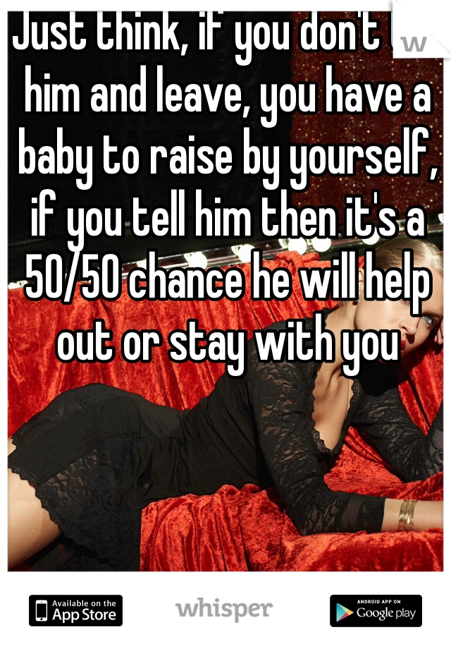 Just think, if you don't tell him and leave, you have a baby to raise by yourself, if you tell him then it's a 50/50 chance he will help out or stay with you