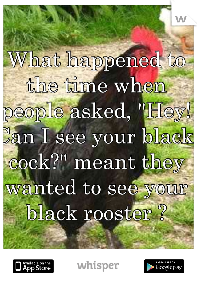 What happened to the time when people asked, "Hey! Can I see your black cock?" meant they wanted to see your black rooster ?