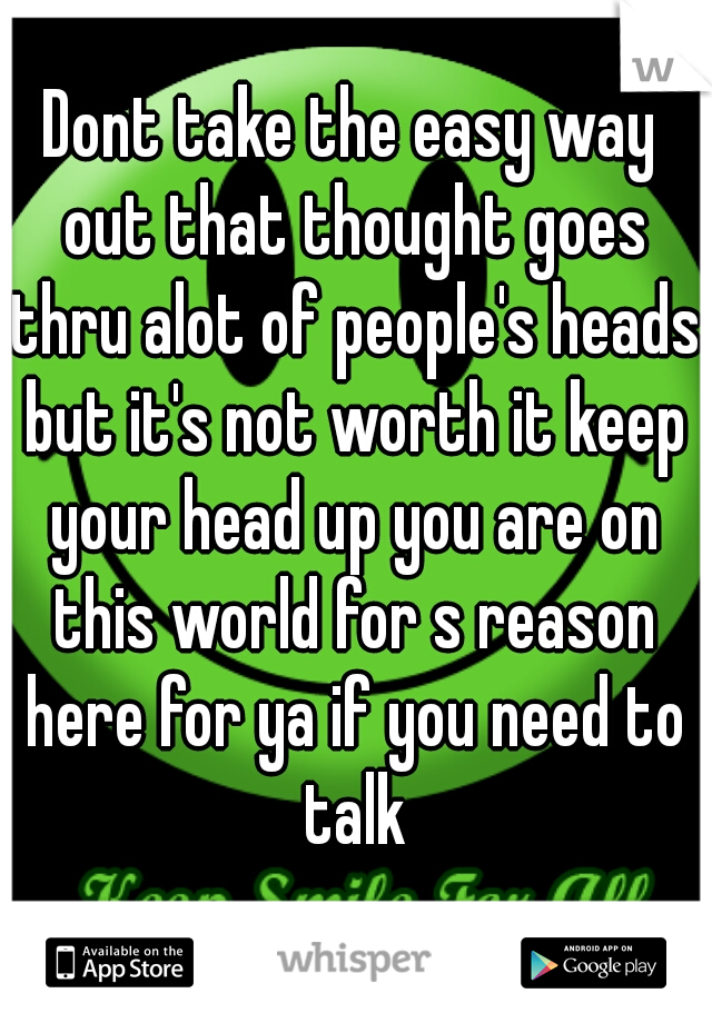 Dont take the easy way out that thought goes thru alot of people's heads but it's not worth it keep your head up you are on this world for s reason here for ya if you need to talk
