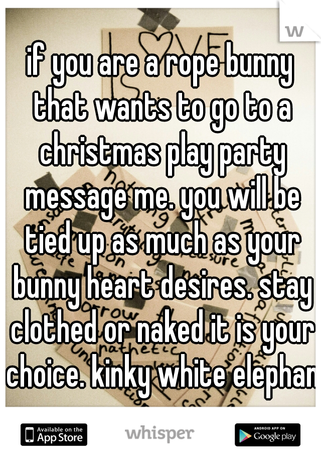 if you are a rope bunny that wants to go to a christmas play party message me. you will be tied up as much as your bunny heart desires. stay clothed or naked it is your choice. kinky white elephant