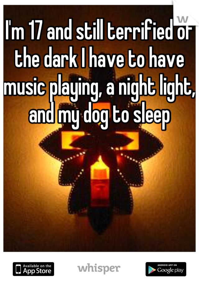 I'm 17 and still terrified of the dark I have to have music playing, a night light, and my dog to sleep