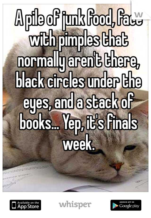 A pile of junk food, face with pimples that normally aren't there, black circles under the eyes, and a stack of books... Yep, it's finals week. 