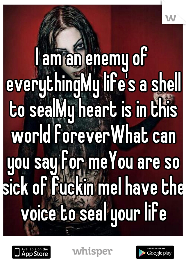 I am an enemy of everythingMy life's a shell to sealMy heart is in this world foreverWhat can you say for meYou are so sick of fuckin meI have the voice to seal your life