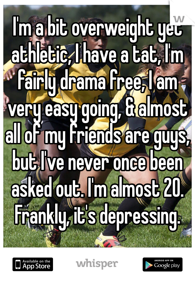 I'm a bit overweight yet athletic, I have a tat, I'm fairly drama free, I am very easy going, & almost all of my friends are guys, but I've never once been asked out. I'm almost 20. Frankly, it's depressing. 