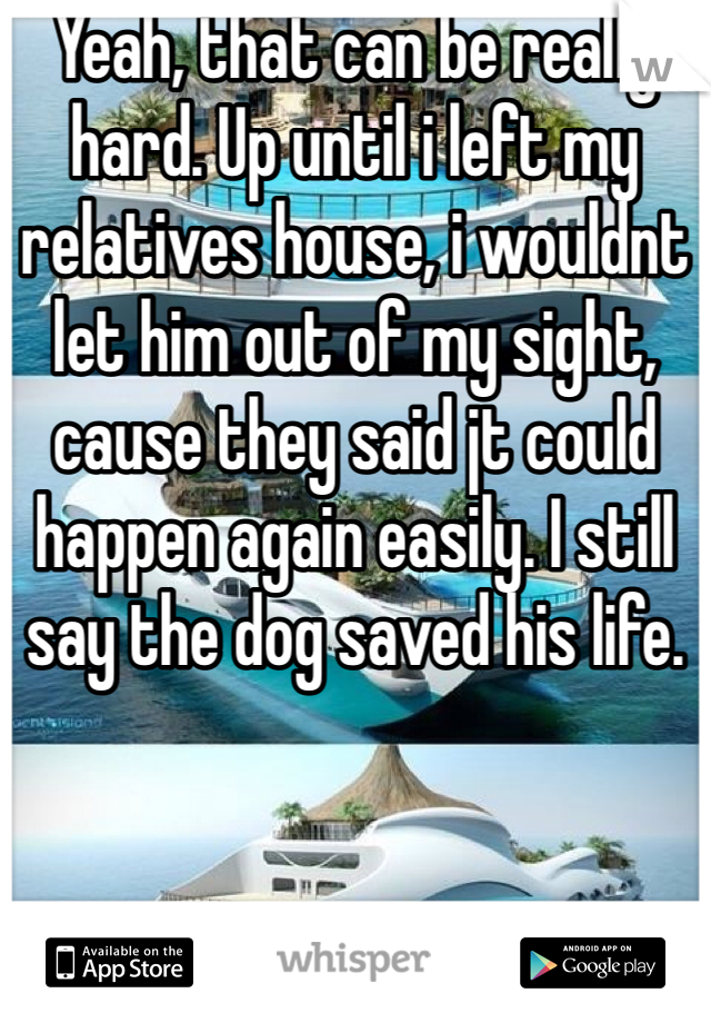 Yeah, that can be really hard. Up until i left my relatives house, i wouldnt let him out of my sight, cause they said jt could happen again easily. I still say the dog saved his life. 