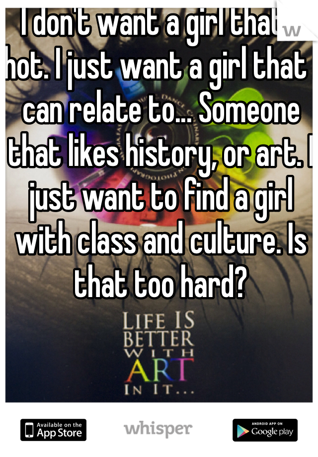 I don't want a girl that's hot. I just want a girl that I can relate to... Someone that likes history, or art. I just want to find a girl with class and culture. Is that too hard?