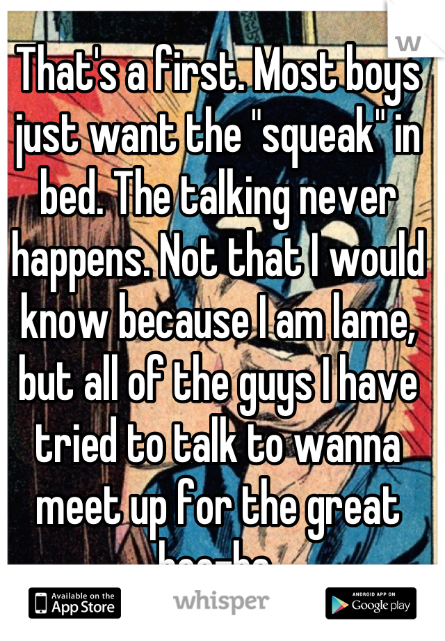 That's a first. Most boys just want the "squeak" in bed. The talking never happens. Not that I would know because I am lame, but all of the guys I have tried to talk to wanna meet up for the great hoo-ha.