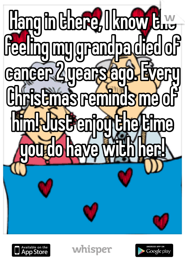 Hang in there, I know the feeling my grandpa died of cancer 2 years ago. Every Christmas reminds me of him! Just enjoy the time you do have with her!