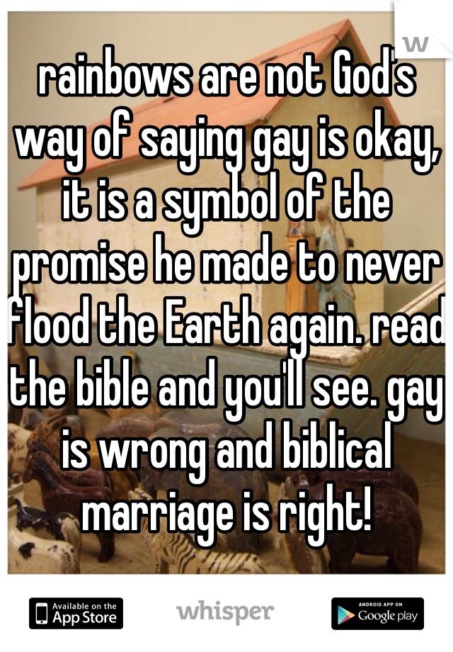 rainbows are not God's way of saying gay is okay, it is a symbol of the promise he made to never flood the Earth again. read the bible and you'll see. gay is wrong and biblical marriage is right!