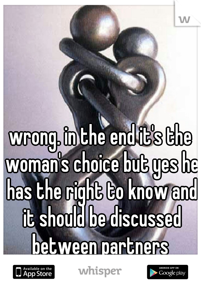 wrong. in the end it's the woman's choice but yes he has the right to know and it should be discussed between partners 