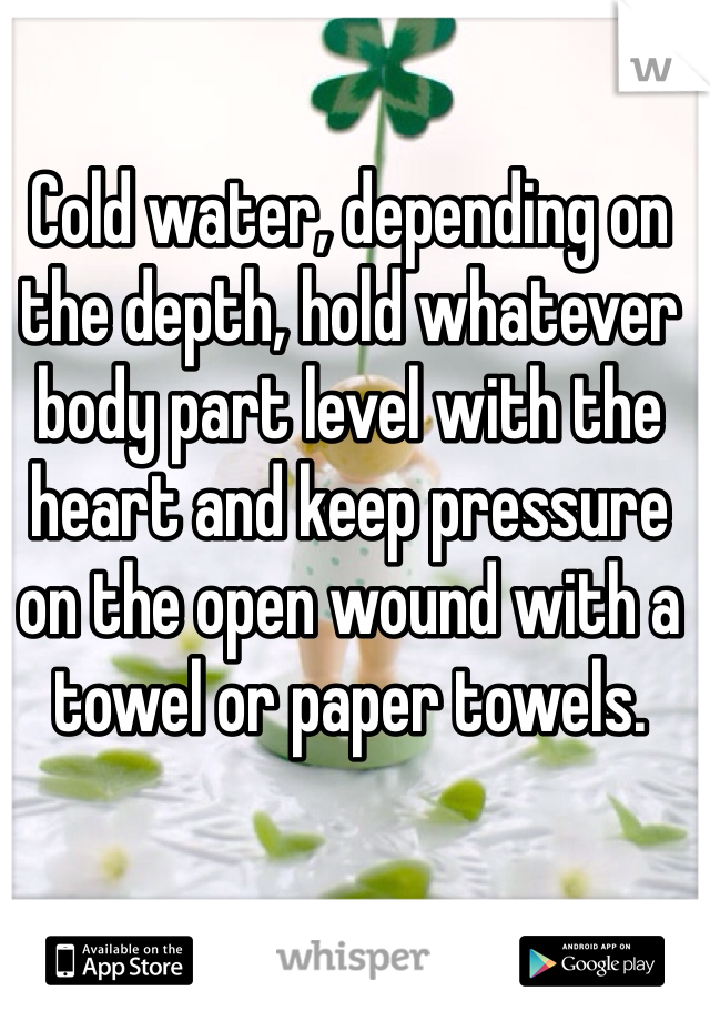 Cold water, depending on the depth, hold whatever body part level with the heart and keep pressure on the open wound with a towel or paper towels. 