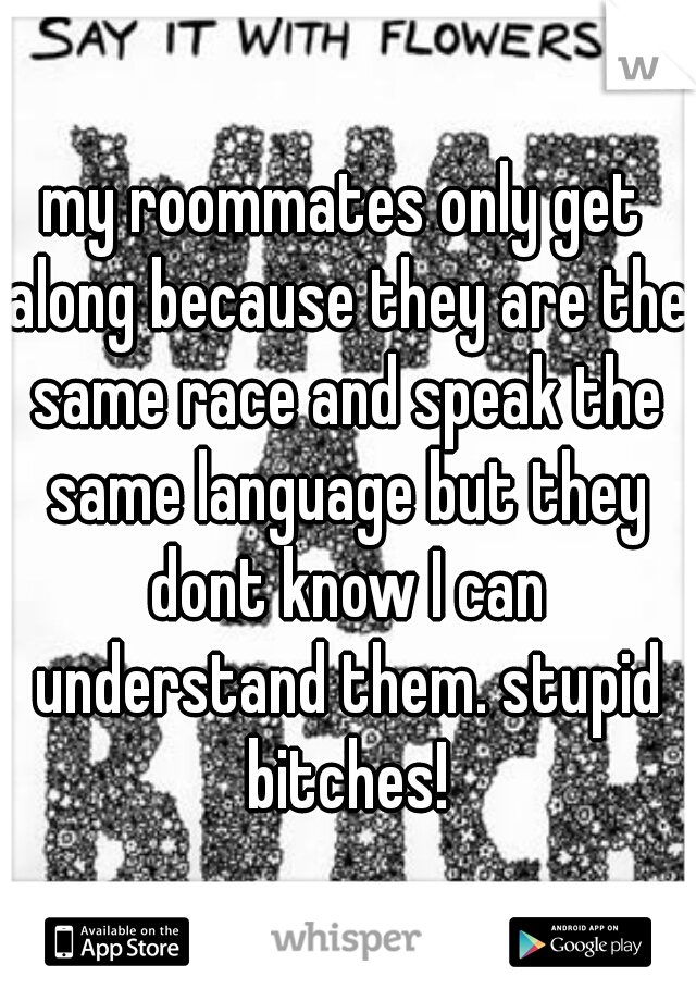 my roommates only get along because they are the same race and speak the same language but they dont know I can understand them. stupid bitches!