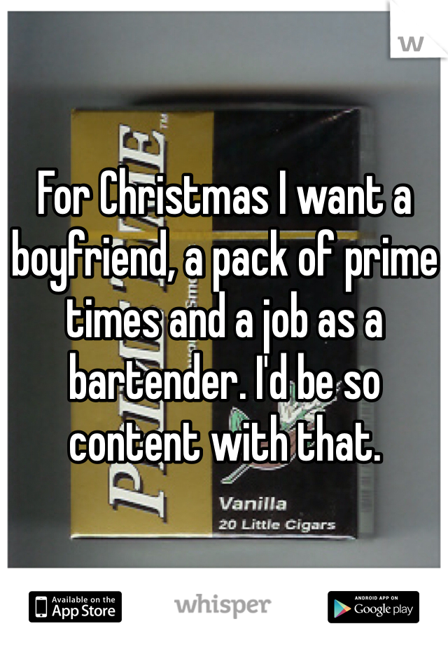 For Christmas I want a boyfriend, a pack of prime times and a job as a bartender. I'd be so content with that. 