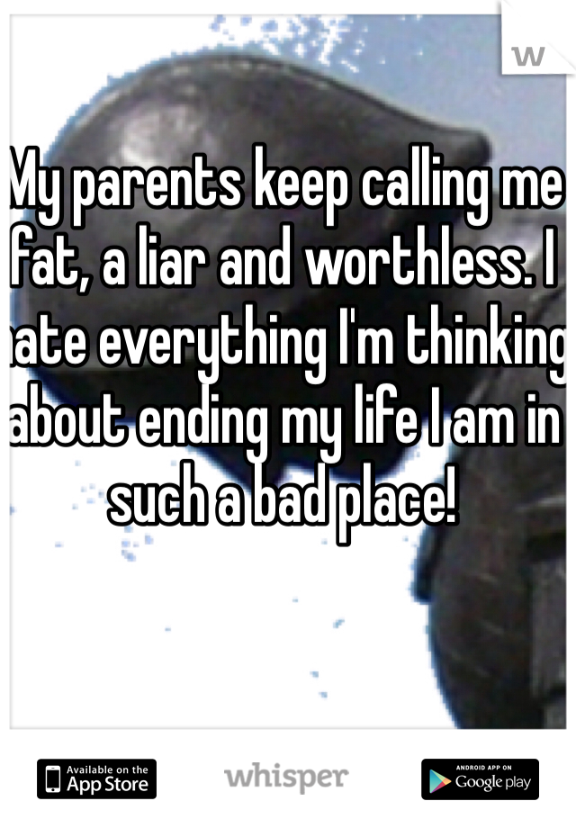 My parents keep calling me fat, a liar and worthless. I hate everything I'm thinking about ending my life I am in such a bad place!