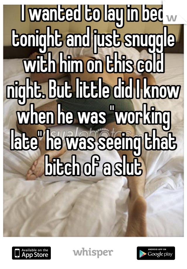 I wanted to lay in bed tonight and just snuggle with him on this cold night. But little did I know when he was "working late" he was seeing that bitch of a slut