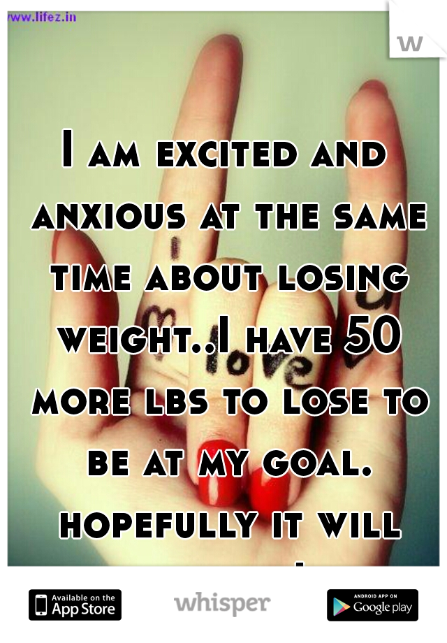 I am excited and anxious at the same time about losing weight..I have 50 more lbs to lose to be at my goal. hopefully it will happen!
