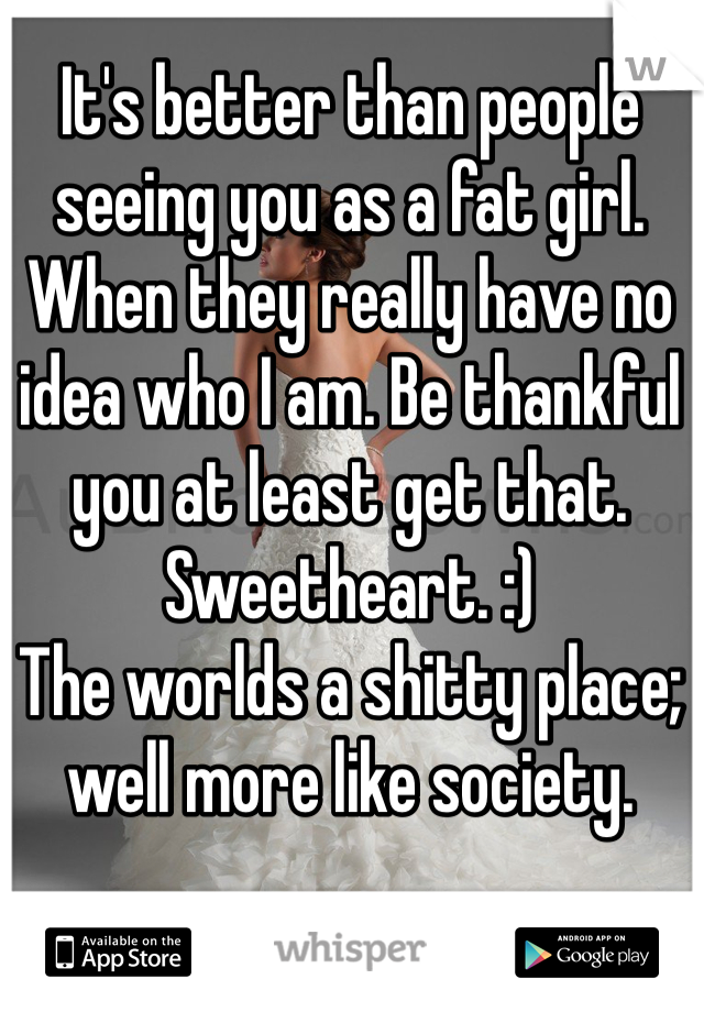 It's better than people seeing you as a fat girl. When they really have no idea who I am. Be thankful you at least get that. Sweetheart. :)
The worlds a shitty place; well more like society. 