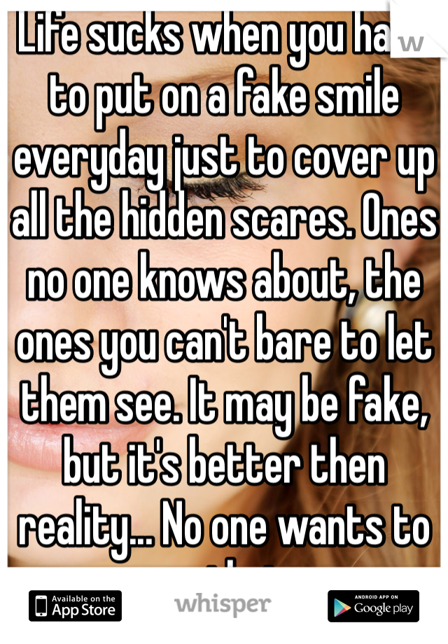 Life sucks when you have to put on a fake smile everyday just to cover up all the hidden scares. Ones no one knows about, the ones you can't bare to let them see. It may be fake, but it's better then reality... No one wants to see that...