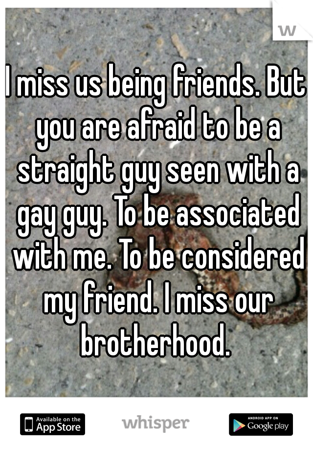 I miss us being friends. But you are afraid to be a straight guy seen with a gay guy. To be associated with me. To be considered my friend. I miss our brotherhood. 