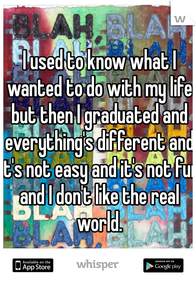 I used to know what I wanted to do with my life but then I graduated and everything's different and it's not easy and it's not fun and I don't like the real world. 