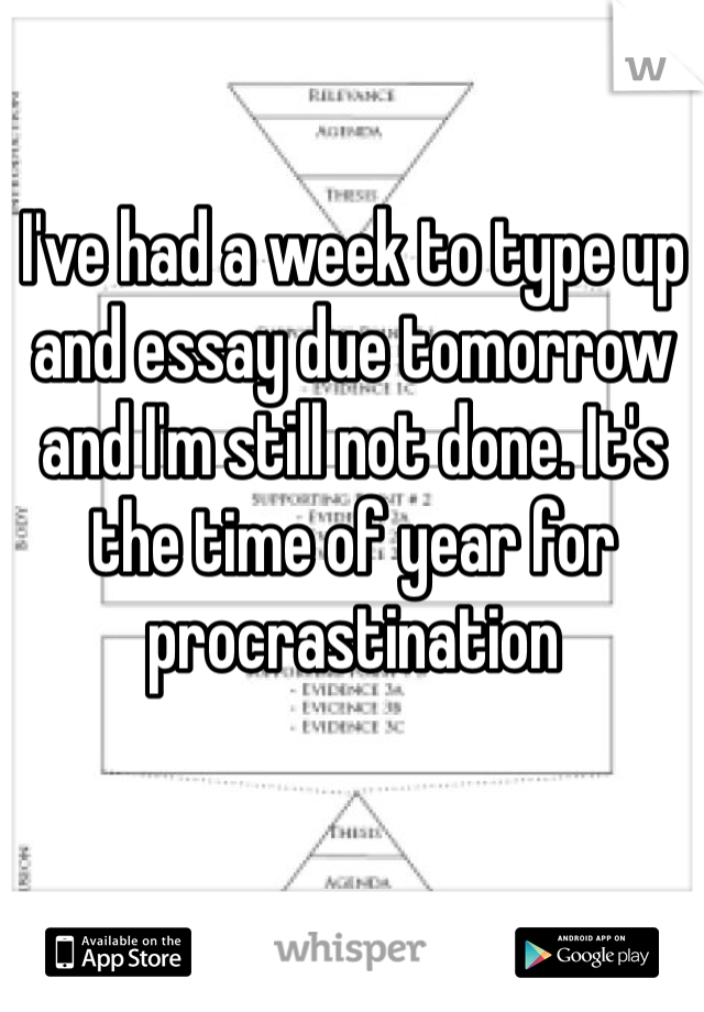 I've had a week to type up and essay due tomorrow and I'm still not done. It's the time of year for procrastination 