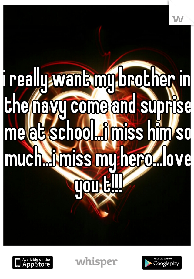 i really want my brother in the navy come and suprise me at school...i miss him so much...i miss my hero...love you t!!!