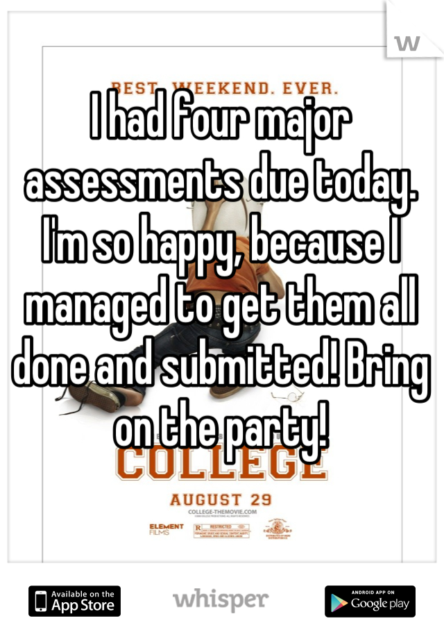 I had four major assessments due today. I'm so happy, because I managed to get them all done and submitted! Bring on the party!