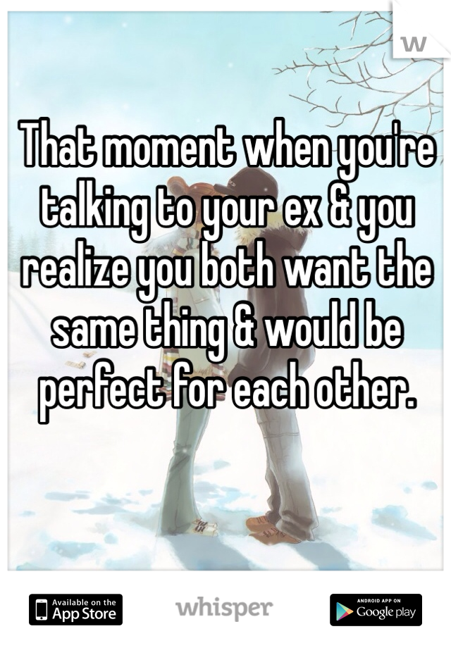 That moment when you're talking to your ex & you realize you both want the same thing & would be perfect for each other. 