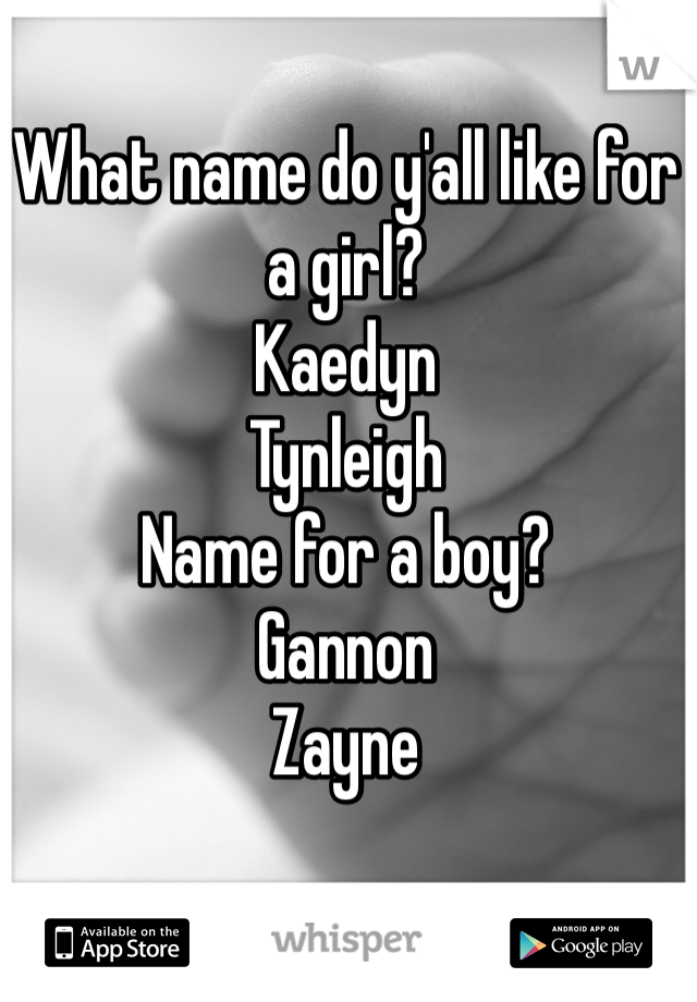 What name do y'all like for a girl?
Kaedyn
Tynleigh
Name for a boy?
Gannon
Zayne