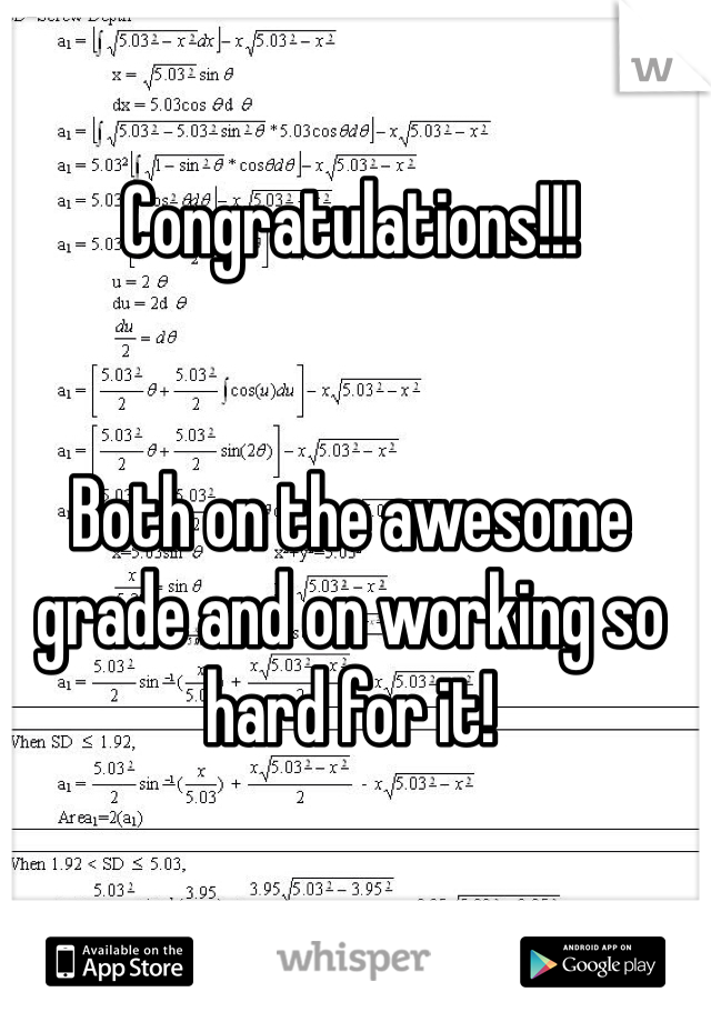 Congratulations!!!


Both on the awesome grade and on working so hard for it!