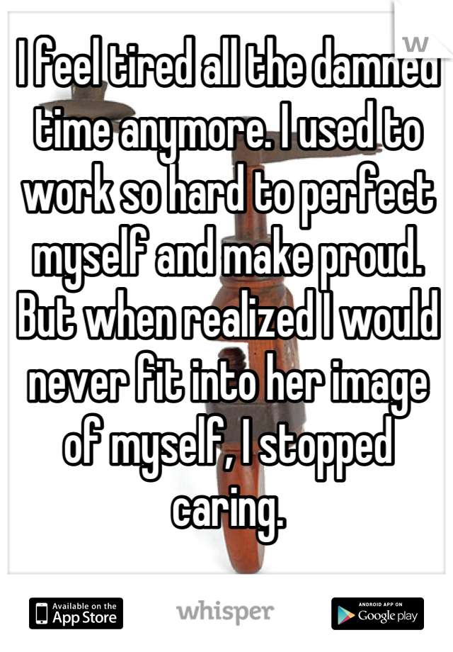 I feel tired all the damned time anymore. I used to work so hard to perfect myself and make proud. But when realized I would never fit into her image of myself, I stopped caring.