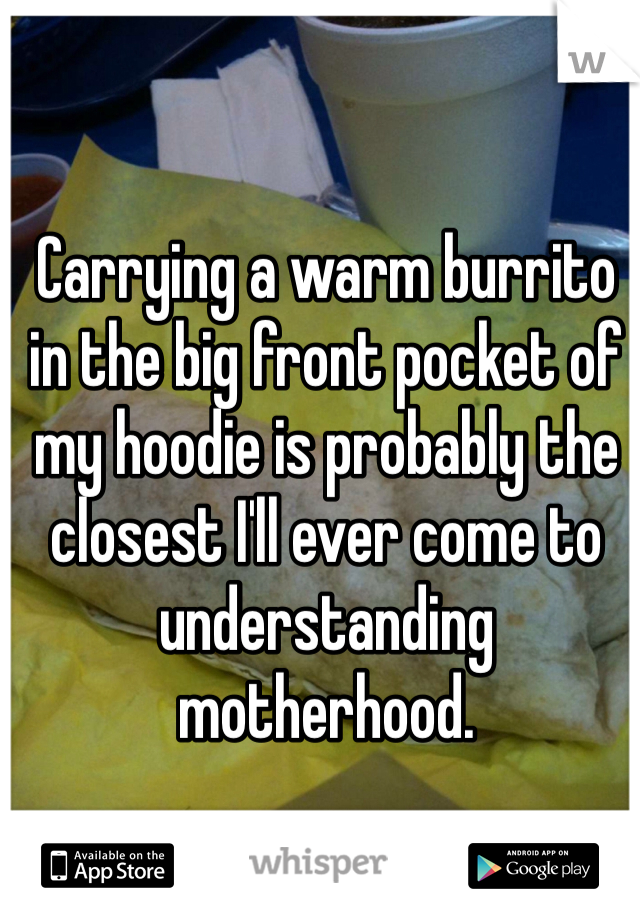 Carrying a warm burrito in the big front pocket of my hoodie is probably the closest I'll ever come to understanding motherhood.
