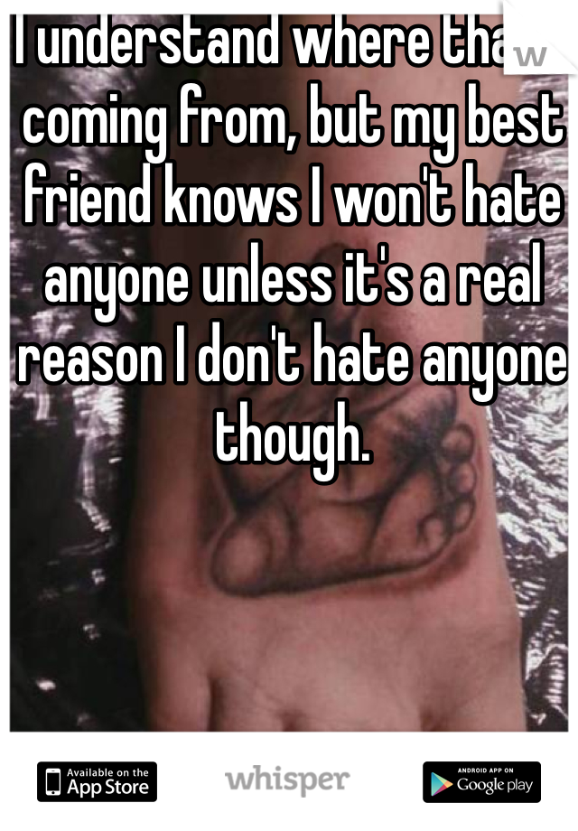 I understand where that's coming from, but my best friend knows I won't hate anyone unless it's a real reason I don't hate anyone though.