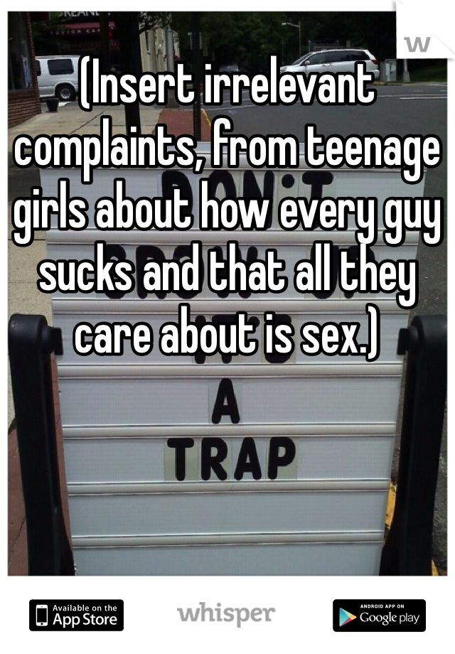 (Insert irrelevant complaints, from teenage girls about how every guy sucks and that all they care about is sex.) 