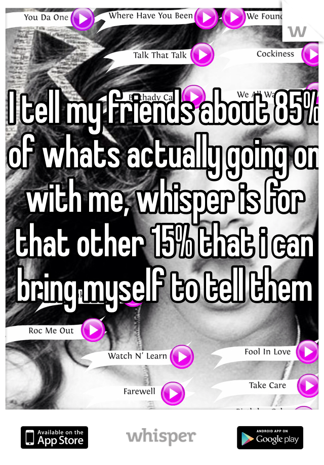 I tell my friends about 85% of whats actually going on with me, whisper is for that other 15% that i can bring myself to tell them