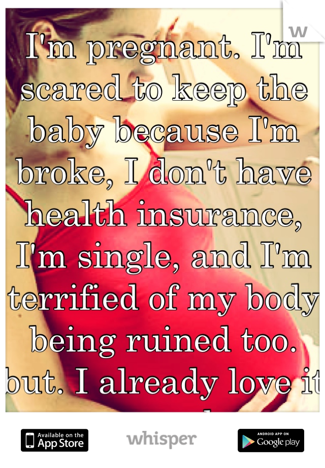 I'm pregnant. I'm scared to keep the baby because I'm broke, I don't have health insurance, I'm single, and I'm terrified of my body being ruined too. but. I already love it so much. 
