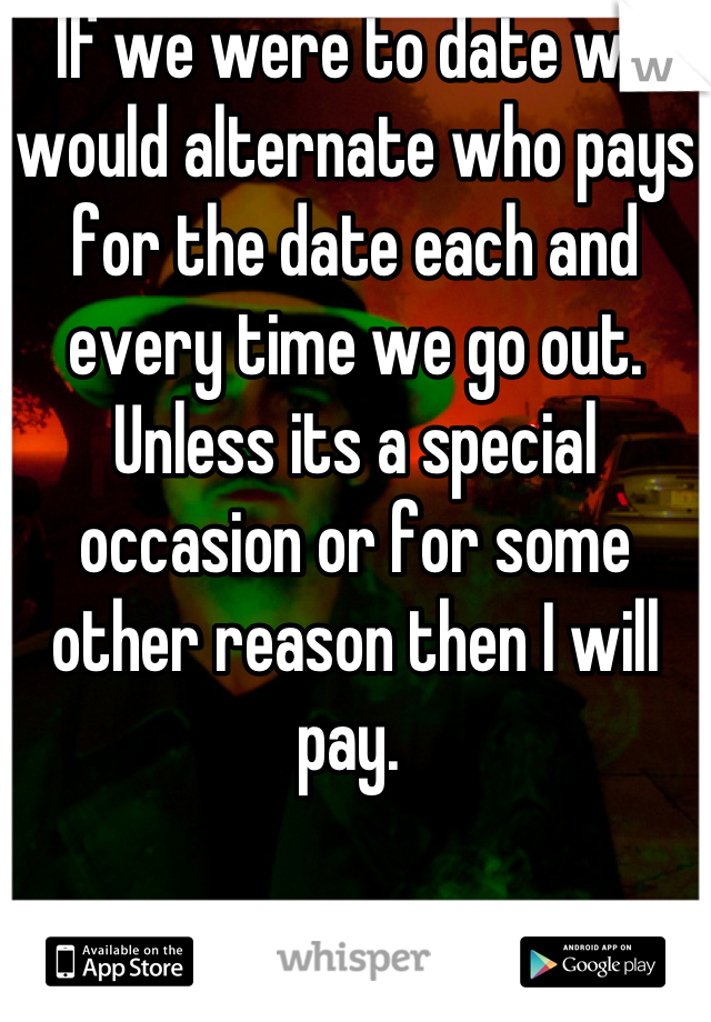 If we were to date we would alternate who pays for the date each and every time we go out. Unless its a special occasion or for some other reason then I will pay. 