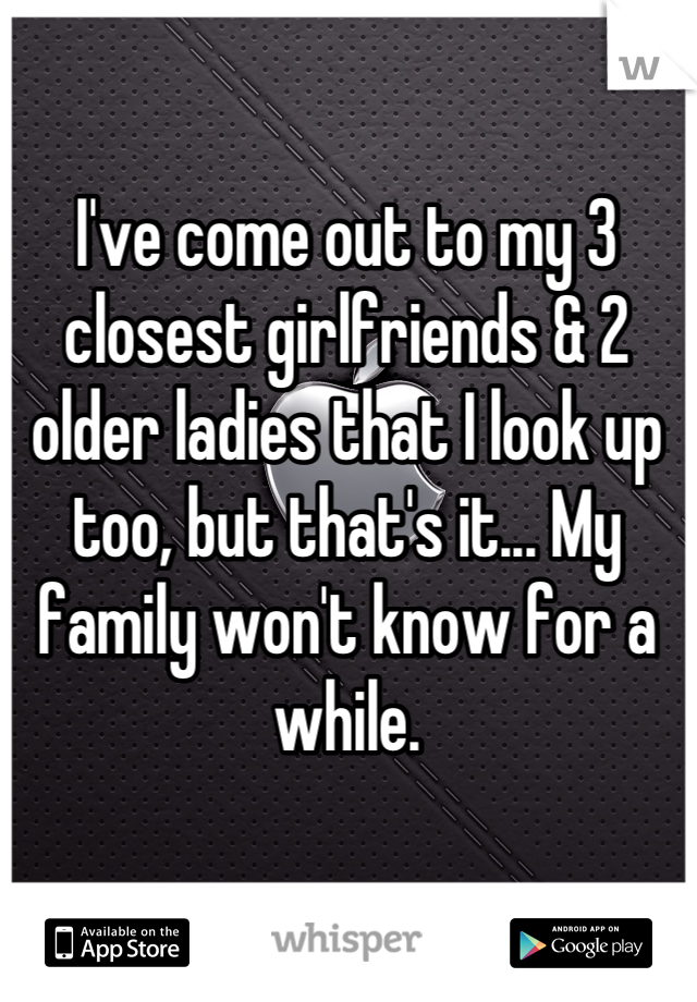 I've come out to my 3 closest girlfriends & 2 older ladies that I look up too, but that's it... My family won't know for a while.