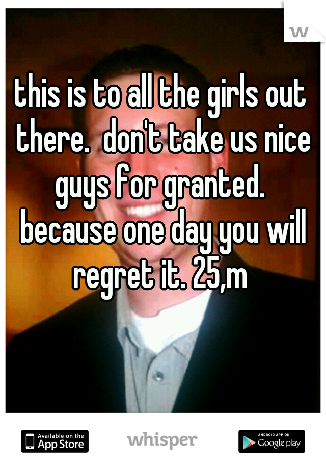 this is to all the girls out there.  don't take us nice guys for granted.  because one day you will regret it. 25,m 