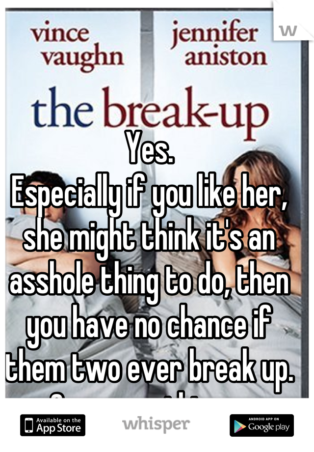 Yes. 
Especially if you like her, she might think it's an asshole thing to do, then you have no chance if them two ever break up.
Or worse things. 
