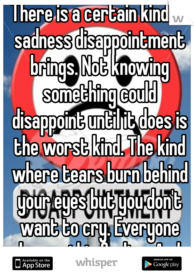 There is a certain kind of sadness disappointment brings. Not knowing something could disappoint until it does is the worst kind. The kind where tears burn behind your eyes but you don't want to cry. Everyone knows this feeling. And quite frankly, it sucks. 