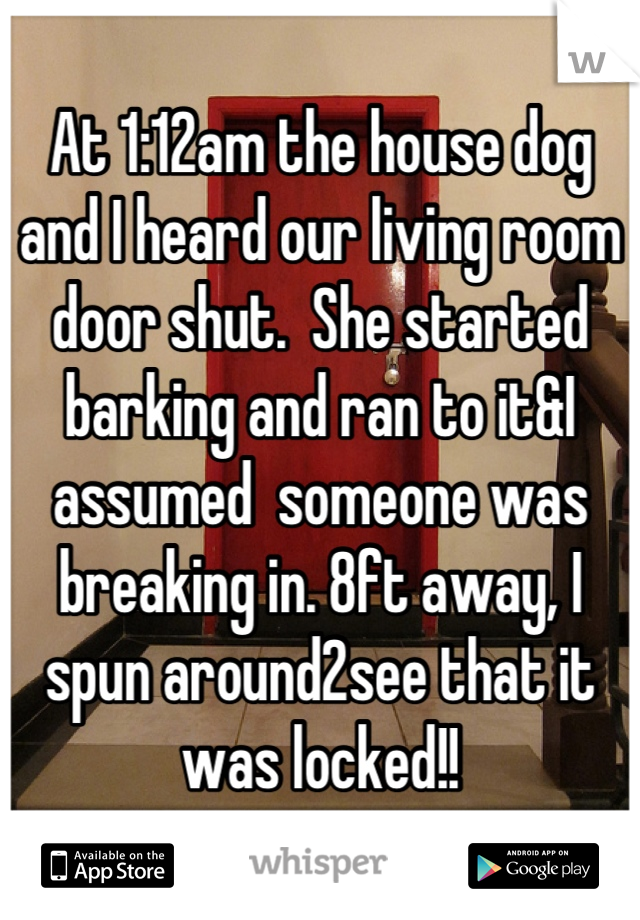 At 1:12am the house dog and I heard our living room door shut.  She started barking and ran to it&I assumed  someone was breaking in. 8ft away, I spun around2see that it was locked!!