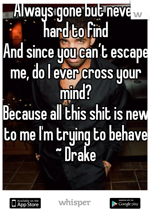 Always gone but never hard to find
And since you can’t escape me, do I ever cross your mind?
Because all this shit is new to me I'm trying to behave ~ Drake 