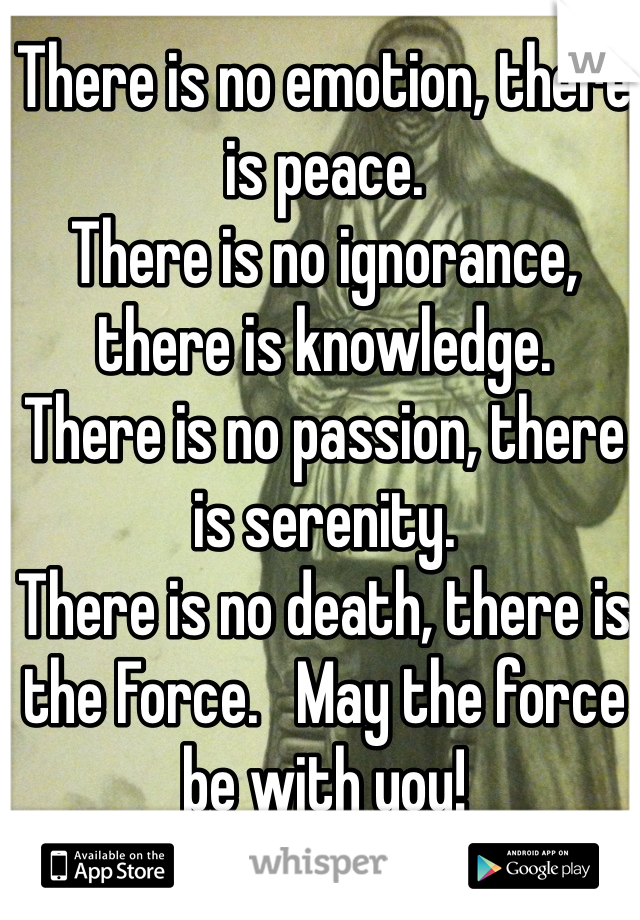 There is no emotion, there is peace. 
There is no ignorance, there is knowledge.
There is no passion, there is serenity. 
There is no death, there is the Force.   May the force be with you!
