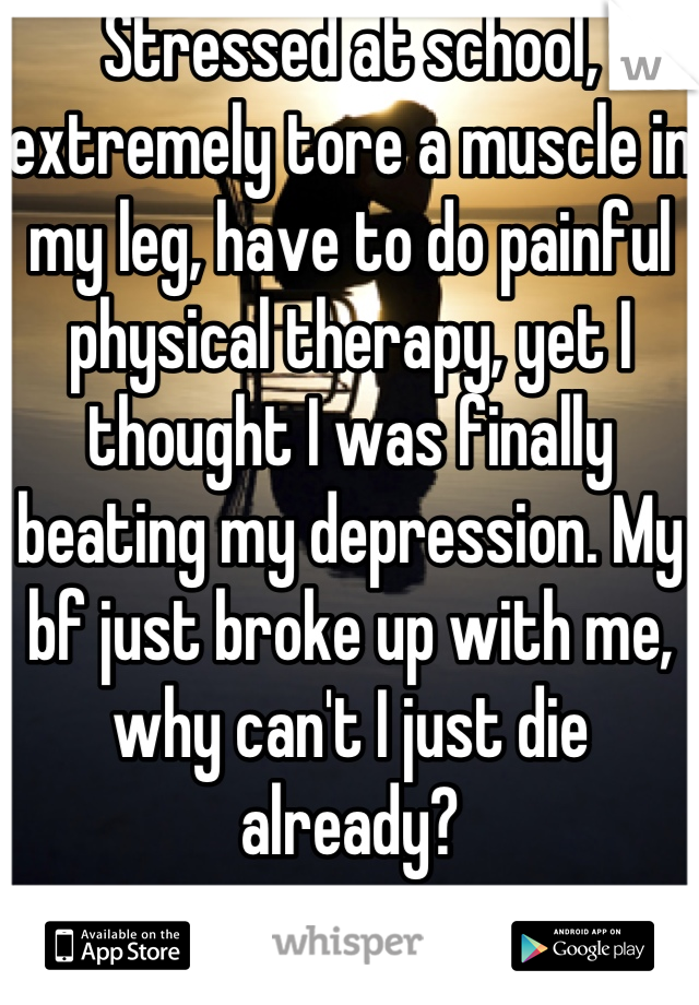 Stressed at school, extremely tore a muscle in my leg, have to do painful physical therapy, yet I thought I was finally beating my depression. My bf just broke up with me, why can't I just die already?