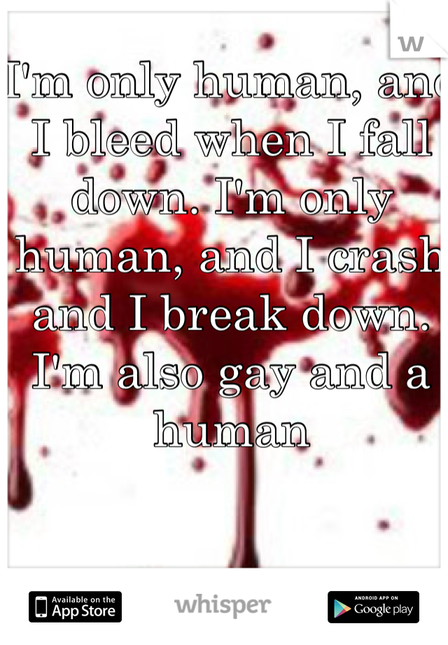 I'm only human, and I bleed when I fall down. I'm only human, and I crash and I break down. I'm also gay and a human 